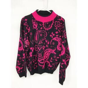 Vintage Mock Neck Sweater Black Paisley Purple Whimsy Goth Pullover Size L